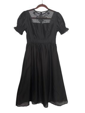 SIMPLE RETRO Black Lace Yoke Midi Dress‎ Cottagecore Coquette Puff Sleeve NWT